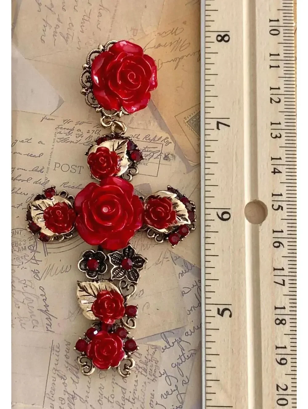 Red Rose Floral Cross Drop Earrings Gothic Romance Rhinestone Dangle